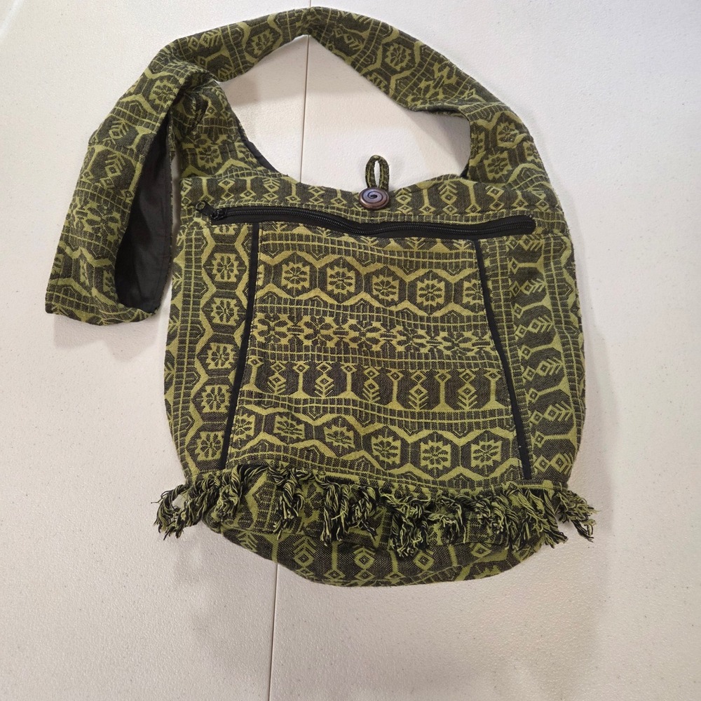 The Royal Collection Nepal Cotton Boho Hobo Bag Green Geometric Fringe Crossbody